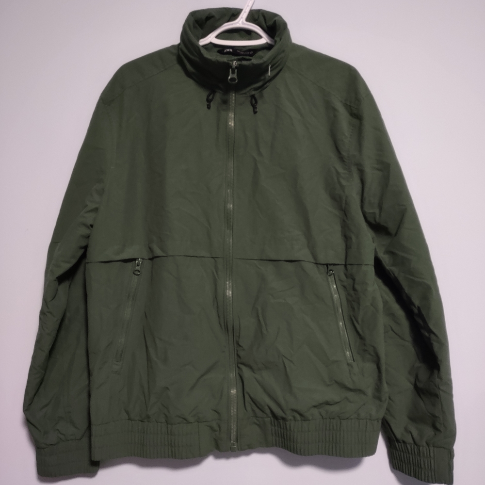 Zara Full Zip Up Bomber Jacket Coat Men Size L Green 2 Zip Pockets